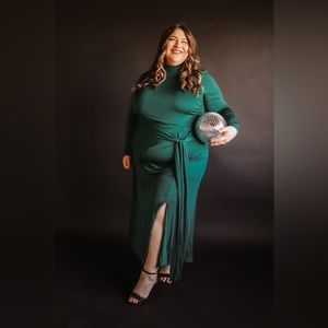 Green Funnel Neck Midi Dress